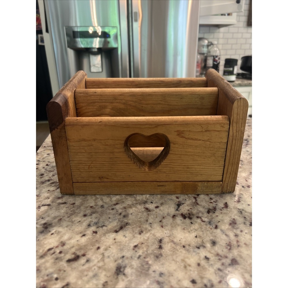 Vtg Wooden Heart Cut Out‎ Oak Letter Mail Desk Caddy Organizer Cottage Core